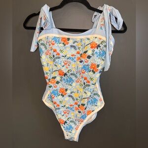 Reversible One Piece Swimsuit | Blue Floral Tie Strap Bathing Suit | Sz Med NWOT